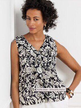 Talbots Ruffle Shell - Silhouette Palms Black Cream Medium Petite MP